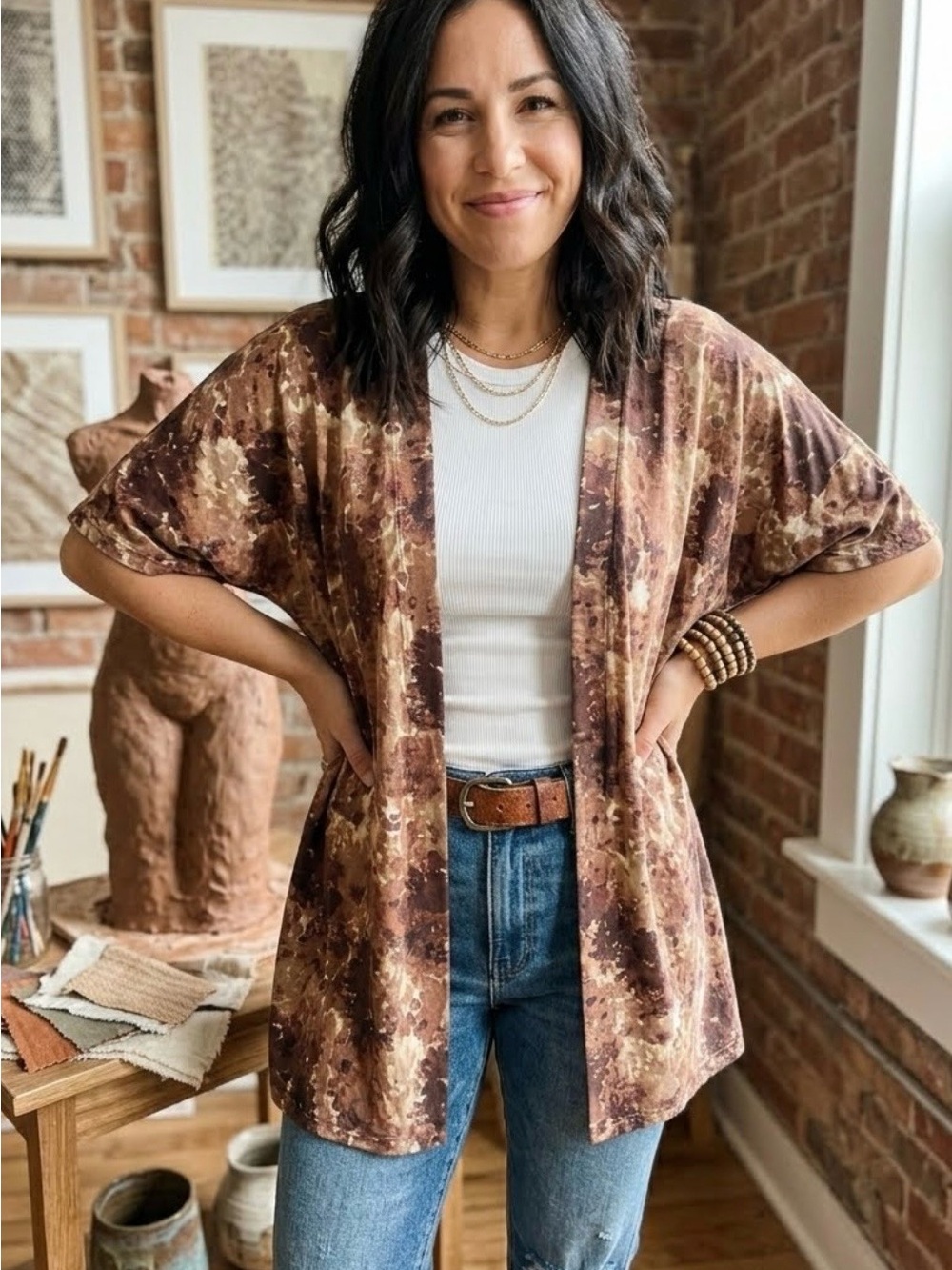 Izaac Mizrahi Women’s Brown Tie-Dye Open Front Kimono Jacket size XL